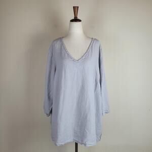 Flax Shirt Womens Large Gray Linen V-Neck Tunic Long Sleeves Casual Top Flowy